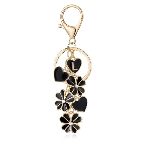 OKAICEN Black Initial Letter Keychain for Women Gilrs Four Leaf