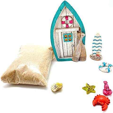 Snickerdoodle Smalls Miniature Beach Kit Featuring Resin Boat Door, Mini Surfboard, Sea Creatures and Sand for Fairy Garden, Terrarium or Home Decor