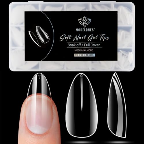 Image of Modelones Medium Almond Nail Tips 510Pcs Clear False Acrylic Almond Press on Nails Pre-shape Full Cover Fake Extension DIY at Home 15 Sizes