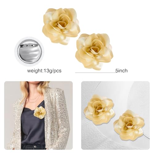 Image of 2Pcs 5in Dainty Satin Fabric Flower Brooch Extra Large Rose Camellia Flower Brooches Lapel Pins for Women Wedding Party Dance Banquet Clothes Jewelry Accessories