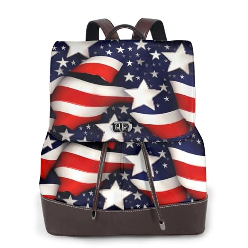 Sac à dos en cuir noir imprimé drapeau américain étoiles rayures polyvalent ordinateur femme