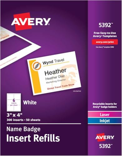 Image of Avery Customizable Name Badge Inserts for Name Tag Holders,3 inch x 4 inch,White,Laser /Inkjet Printable,300 Count (5392),(Pack of 5)