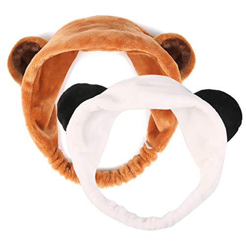 Lovely Soft Carol Fleece Panda Bear Makeup Cosmetic Shower Elastic Hair Band Spa Headband Wash Face Hairlace Headband (Panda+Bear 2 pcs)