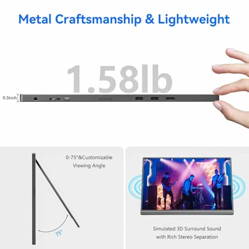 Veout 16" 1920×1200P IPS Portable Monitor for Laptop, Side/Vertical Monitor with Stand, USB-C & Mini HDMI, Second Screen for PC, MacBook, Phone & iPad, 4 Colors for Travel & Office