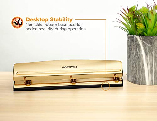 image for Bostitch Office 3 Hole Punch, 12 Sheet Capacity, Metal, Gold Chrome