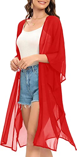Image of Indian Trendy Women's Solid Puff Sleeve Kimono Long Cardigan Loose Cover Up Casual Blouse Top Chiffon