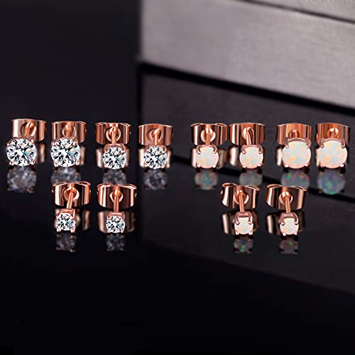 Rose Gold Earrings, 6 Pairs Earrings Set 3mm/4mm/5mm Cubic Zirconia Earring with 18K Rose Gold Plated Hypoallergenic Opal Earring Small for Women stud earring3