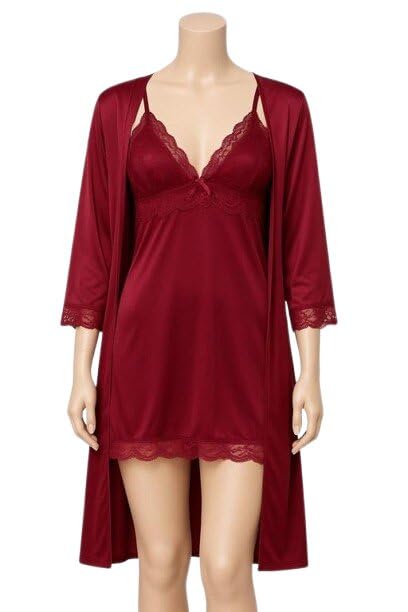 Women Elegant Satin Night Robe Set with Shoulder Strap Sleeveless Style and Waist Tie Closure Maroon XL-image-34