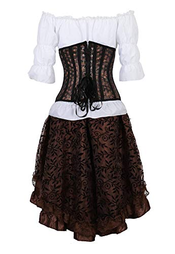 Grebrafan Steampunk Leather Corsets Bustiers Skirt Blouse Set 3 Piece Skull Underbust Corset Outfits for Women (UK(10-12) L, Brown) steampunk buy now online Grebrafan Steampunk Leather Corsets Bustiers Skirt Blouse Set 3 Piece Skull Underbust Corset Outfits for Women (UK(10-12) L, Brown) steampunk buy now online