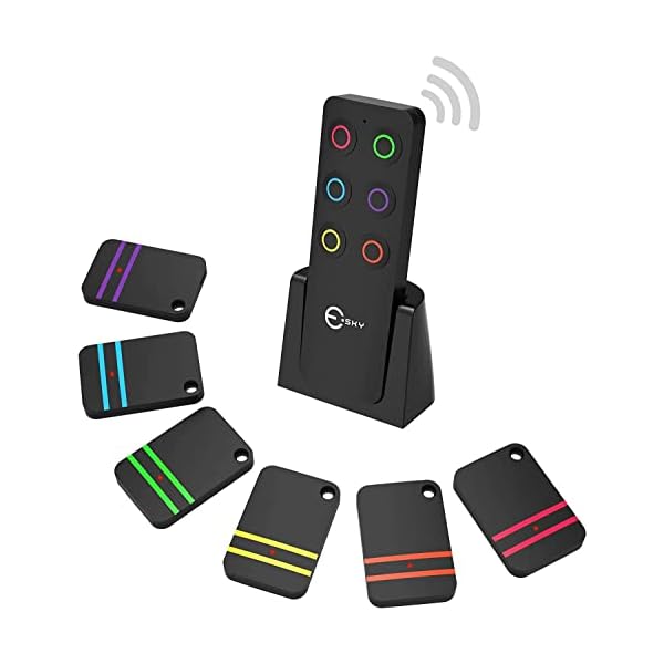 Key-Finder-Esky-80dB-RF-Item-Locator-with-100ft-Working-Range-Wireless-Wallet-Tracker-with-1-Transmitter-and-6-Receivers-for-Finding-Key-Remote-Pet-and-Wallet-Batteries-Included-Black Key-Finder-Esky-80dB-RF-Item-Locator-with-100ft-Working-Range-Wireless-Wallet-Tracker-with-1-Transmitter-and-6-Receivers-for-Finding-Key-Remote-Pet-and-Wallet-Batteries-Included-Black