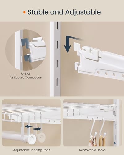 SONGMICS HOME Closet System, Closet Insert Organizer, 2-4 ft, Adjustable Metal Shelving Unit with 2 Hanging Rods, 2 Shelves, and Hooks, for Pantry Mudroom Garage Basement, Cloud White URGR030W01 - Image 6