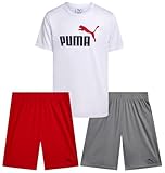 PUMA Boys Active Short Set - 3 Piece Short Sleeve Logo Graphic Tee and Poly Interlock Mesh Shorts for Boys (Sizes: 4-16), Size 10/12, White Core