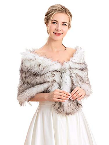 EARENT Women's Faux Fur Shawls and Wraps 1920s Bride Wedding Fur Scarf Bridal Fur Stoles for Brides and Bridesmaids (White+Brown)