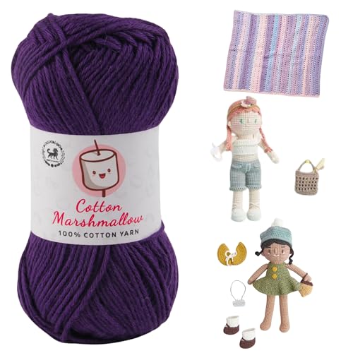 Image of NESTNHAVEN Cotton Marshmallow 100% Cotton Yarn - (50 g, 130 m) - Luxury Yarn for Crochet, Amigurumi, Embroidery, Toys, Garments, Flowers and Hobby Projects (Dark Purple)