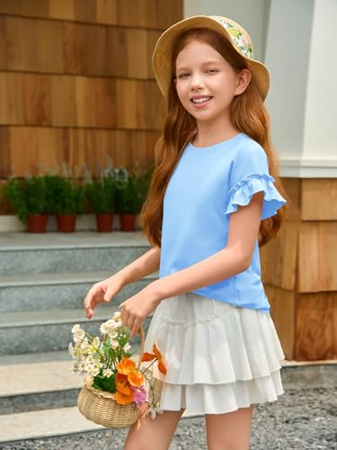 Image of Haloumoning Girls Ruffle Short Sleeve T Shirts Kids Summer Crewneck Tops Cute Tees Blouse 5-14 Years