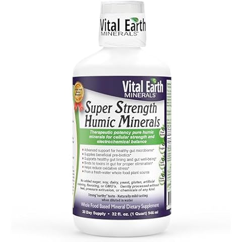 Vital Earth Minerals Super Strength Humic Minerals – Fulvic Acid Supplement with 70+ Trace Minerals, Electrolytes for Detox & Digestion, 32 Oz + 1 Oz Cup Cover