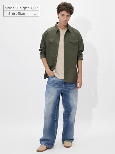 Image of The Souled Store Solids Off White Long Sleeve Collared Cotton Utility Shirts for Mens & Boys- Regular Fit with Classic Style