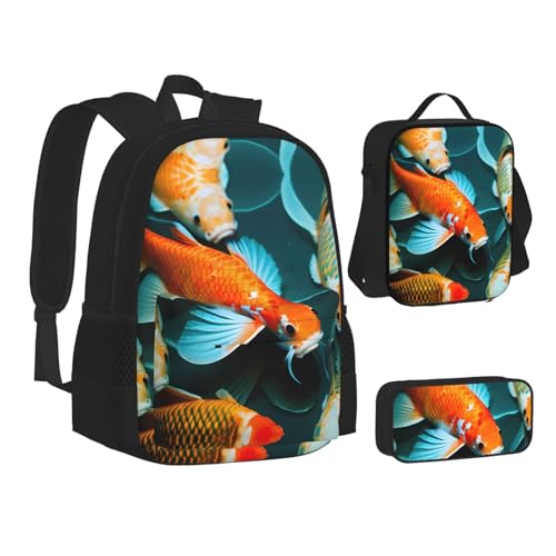 Hd Koi Fish Print 3 Piece Set Backpack, Lunch Bag, Pencil Case, Cute Sturdy For College And Travel2