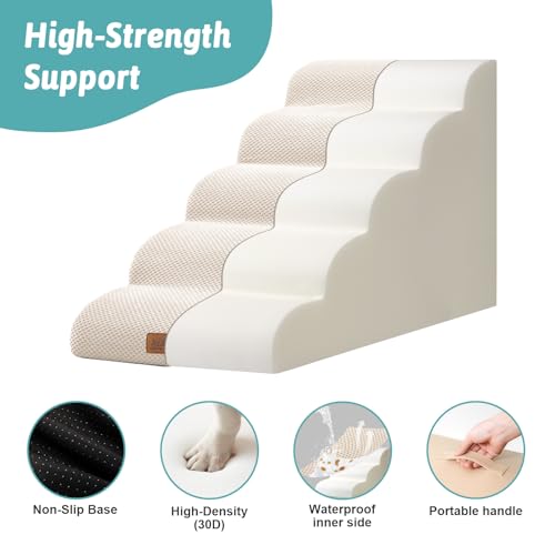 Extra Wide Dog Stairs 19.7" Width, Pet Step for Small Medium/Large Dog, Puppy or Cat, Pet Ramp for High Bed or Car, High Density Foam Ladder, Stable, 5 Step, 19.7x33x22.4 in, Beige - Image 5