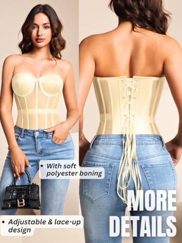 Image of Kaei&Shi Sheer Mesh Overbust Corset,Sexy Strapless Lace Up Satin Bra Corsets Top For Women Shapewear