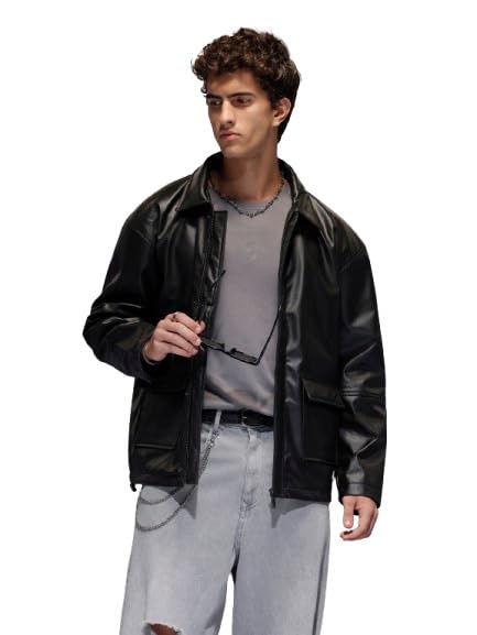 WROGN Men's Relaxed Fit Collared PU Jacket | Black in black