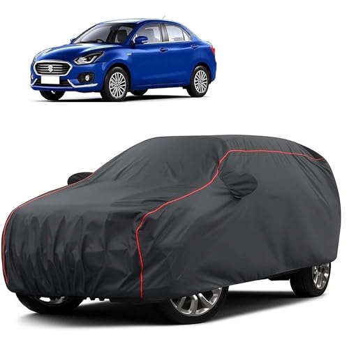 Image of Sulfar 100% Water Resistant Car Body Cover Compatible with Mirror for Maruti Suzuki Swift Dzire (Triple Stitched, Full Bottom Elastic, Dark Grey Taffeta with Red Piping)