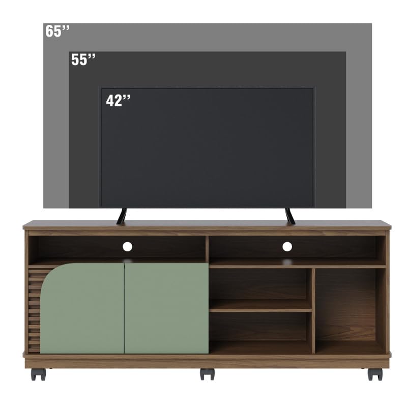 Meuble TV 65 Pouces Vert Olive et Chêne 2 Portes 7 Niches roulettes L 150 H 63.2 P 39.3 cm
