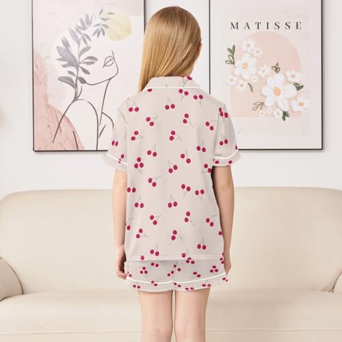 Cherry Patterns Summer Satin Pajama Set, Cute Button-Down Sleepwear Pj Set for Sleep Wears4
