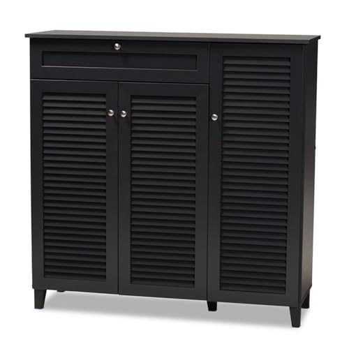 BOWERY HILL Modern and Contemporary Dark Grey Finished 11-Shelf Wood Shoe Storage Cabinet with Drawer