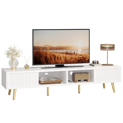 Bestier TV Stand with Sliding Fluted Doors for TVs Up to75 Inch, Mid-Century TV Unit with 4 Cable Management Holes, 70 inch TV Cabinet with Open Storage Space for Living Room & Bedroom, White