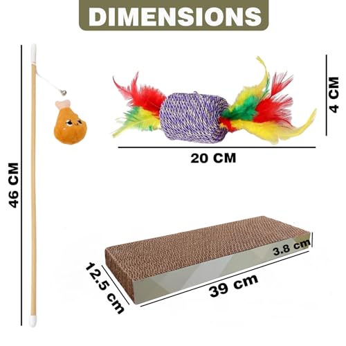 Image of Emily Pets Cat Scratcher (Pack of 3) with Toys - Cardboard Scratch Pad, Feather Wand, and Plush Toy, Durable and Anti-Slip for Cats and Kittens (Color May Vary)