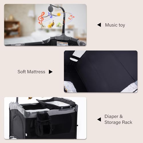 Image of Soobaby 5 in 1 Baby Crib,Bedside Sleeper Bassinet,Pack and Play with Bassinet and Changing Table,Portable Travel Playpen Music Box,Portable Travel Crib for Infant Newborn (Black Gray)