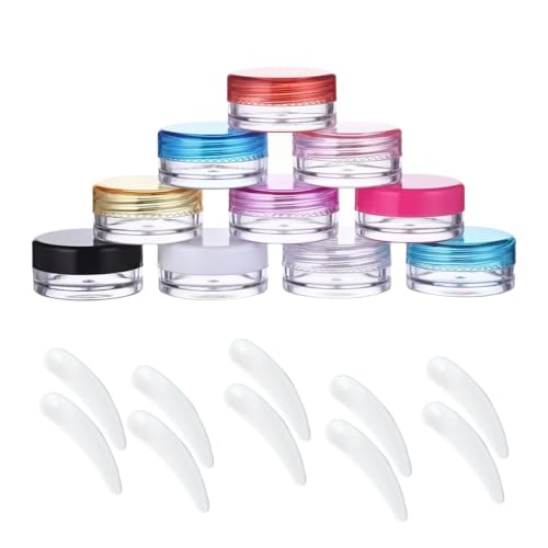 OUDQFCJ 10 Pcs Envases Cosméticos y 10 Pcs Espátulas, Tarros Vacíos Transparentes, Mini Botes para Cremas, Contenedores de Muestras de Viaje, Espátulas para Maquillaje (Transparente)
