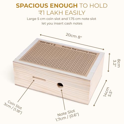 Image of Unbreakable Wooden Money Saving Box for Adults - 1 Lakh Capacity | Reusable Piggy Bank | Money Bank with Amount 100000 | One Lakh Gullak, Kidddy Bank for Kids, Men, Women, Girls, Boys | 1 Yr Warranty
