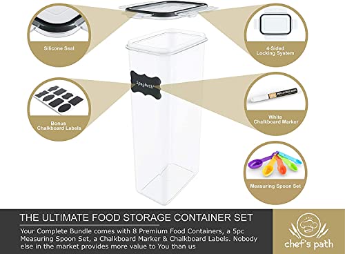 Chef's Path - Kitchen Storage Box Set - 8 Airtight Food Jars for Storing Spaghetti, Pasta, Flour, Cereals, Pet Food Preservation, BPA Free (3 quarts)