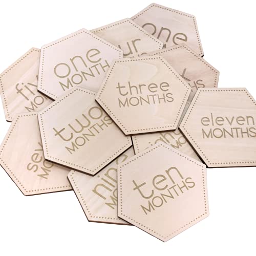 Image of Wooden Baby Monthly Cards. Cute Unisex, Reversible, and Laser Engraved Blocks. Set of 24 Sayings Plus a Customizable Birth Card. Natural Wood Disc Photo Props for Boy or Girl in Keepsake Gift Bag