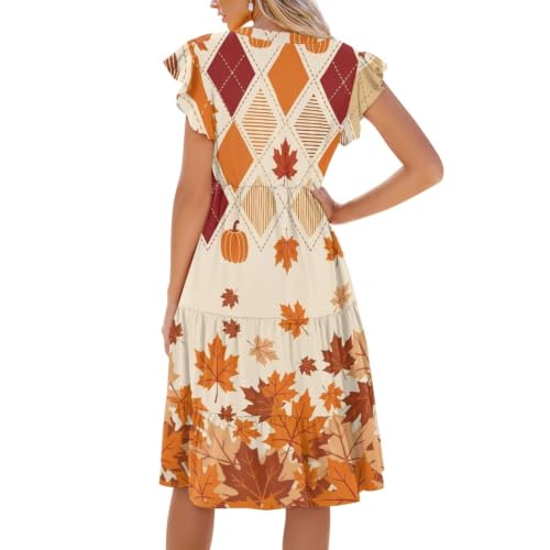 Image of Women's Casual Ruffle Sleeve Dress V Neck Pullover Dress Flowy A-Line Pleated Lightweight Dress with Pockets