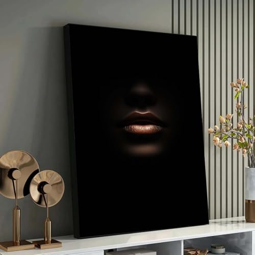 Œuvre luxueuse visage abstrait femme tableau noir et or minimaliste contemporain 50x75