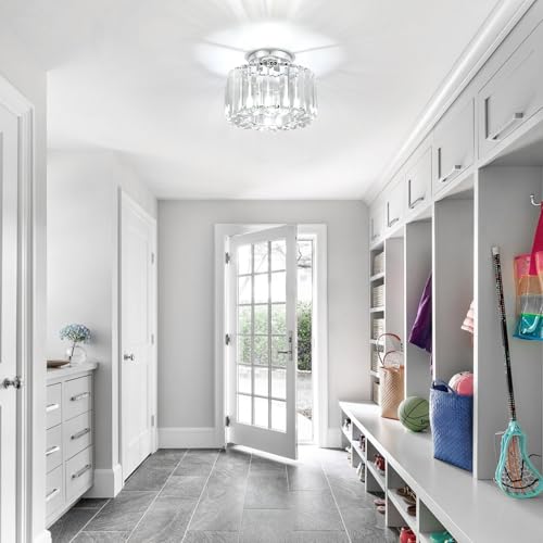 FORCOSO Ceiling Lights, Semi Flush K9 Crystal Chandelier Lamp with Metal Lampshade, E27 Chrome Ceiling Lighting, Modern Light Fittings for Kitchen Hallway Living Room Bedroom Hall Home Decoration