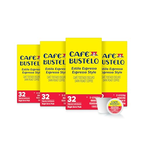 Image of Cafe Bustelo Espresso-Style Dark Roast Coffee Pods, Bulk 128 Count | Bold Latin character, rich aroma, smooth taste, stands up to milk and sugar, single serve coffee pods, 4 boxes, 32 pods each