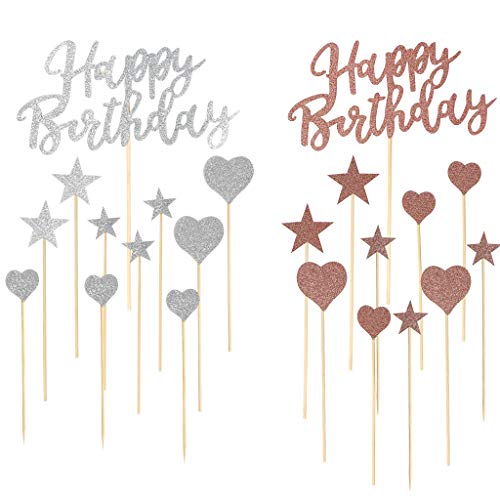 Ewinever 22PCS Glitter Happy Birthday Cupcake Toppers,Heart and Star Cake Decoration for Birthday Party (Rose Gold and Silver)