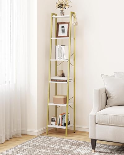 Image of Hzuaneri Ladder Shelf, Bookshelf Bookcase, Freestanding Corner Storage Shelve with 2 Hooks for Home Office, Living Room, Kitchen, Bedroom, Industrial, 6-Tier White Gold BC13313G