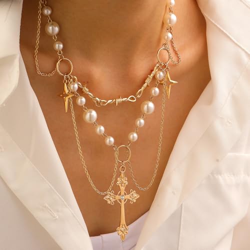 Gothic Layered Pearl Big Cross Choker Necklaces for Women Gothic Cross Pearls Necklace Vintage Chunky Zirconia Tassels Necklaces Y2K Jewelry Goth Accessories3