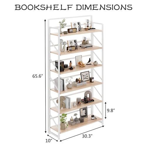 Image of JSB Folding Bookshelf,Industrial Storage Shelves, No Assembly Vintage Wood Look Bookshelf with Storage Shelves for Living Room, Bedroom, Office (White, Wide 6-Tier)