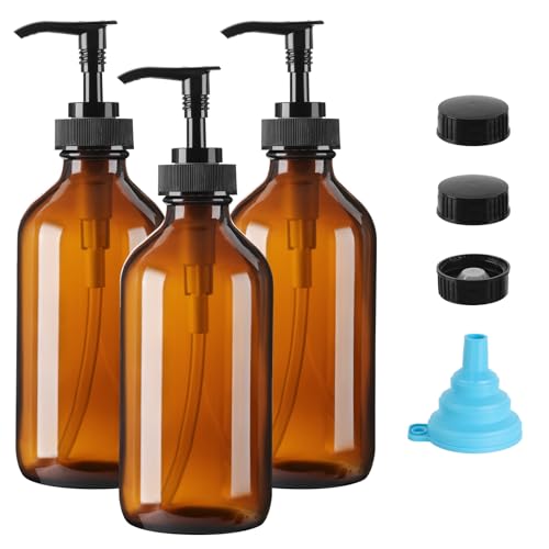 Vitreaux Amber Glass Soap Dispenser 8oz 3 Pack with Leak-Proof Pump Refillable Small Glass Bottles for Hand Soap Lotion Shampoo & Dish Soap Includes Protective Black Caps & Easy-Pour Funnel