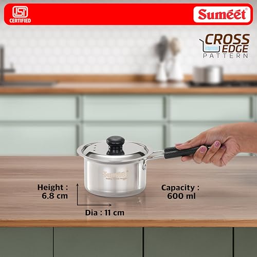 Image of Sumeet ISI Certified HeavyPly Premium Stainless Steel Small Size Cross Edge Induction & Gas Stove Friendly Saucepan /Milk Pan /Tea Maker with Lid - 600ml