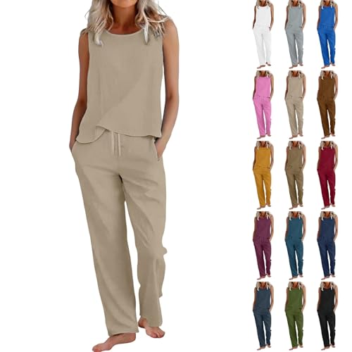 Co-Ord Sets Women Linen Co Ord Sets for Women Summer 2 Piece Airport Travel Outfits Sleeveless Tank Tops and Wide Leg Trousers Plus Size Leisure Loungewear Set Trouser Suits for Older Ladies