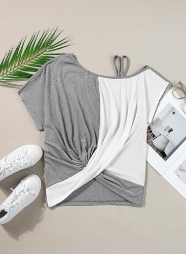 Dokotoo Women's Color Block Cold Shoulder Twist Knot T-Shirts for 2025