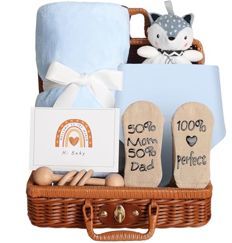 Nnewvante Baby Gift Basket Newborn Gift Set with Baby Rattle Newborn Baby Gift Set Newborn Baby Gifts Medium Baby Gift Basket Kit for Expecting Moms(BLUE)