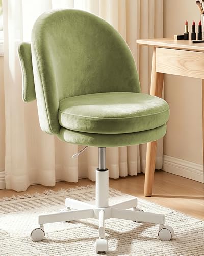 GTPOFFICE Vanity Chair with Back Adjustable Tall Office Chair High Swivel Bar Stools Fluffy Cute Desk Chair Comfy with Wheels Bow Pillow Armlees for Adults Standing Desk Bar Soft Velvet Green